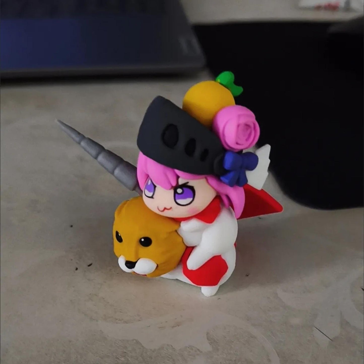 Unique Handmade Soft Clay Chibi Figurine - Cute Unicorn-Horned Character with Lion Pal & Fruit Accent | Mini Desk/Car Decorative Sculpture