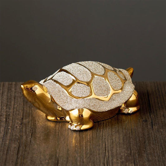 Gold Ceramic Turtle Figurine  Feng Shui Wealth & Longevity Statue with Ingot/Coin, Unique Home Decor Accent, Gift for Turtle Lovers