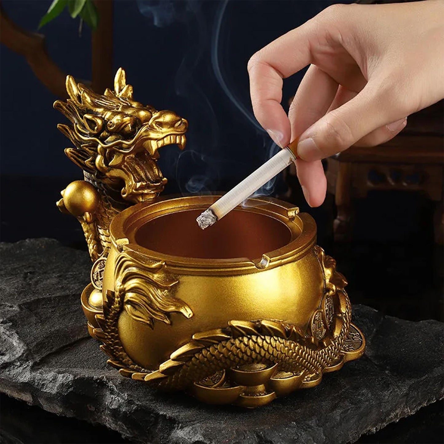 Chinese Dragon Ashtray & Incense Burner Decor Statue with Ingot Design  Artisan Home Office Decor Ornament for Good Fortune