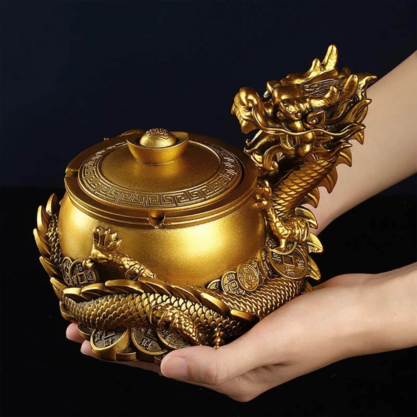 Chinese Dragon Ashtray & Incense Burner Decor Statue with Ingot Design  Artisan Home Office Decor Ornament for Good Fortune