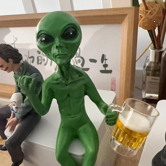 Funny Green Alien Figurine Holding Beer Mug - Quirky Decor