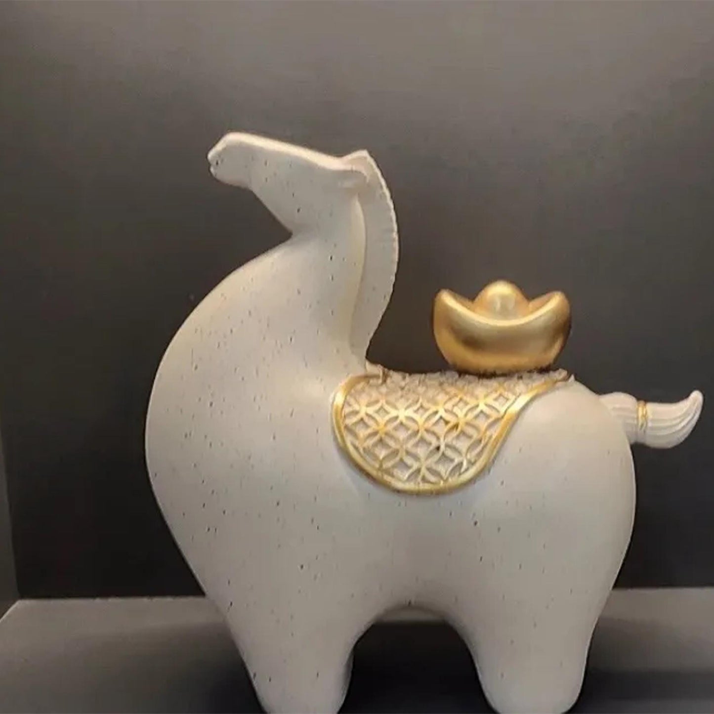 Unique Modern Horse Figurine with Gold Ingot Accent  Minimalist Home Decor Sculpture |Prosperity & Good Luck Decor