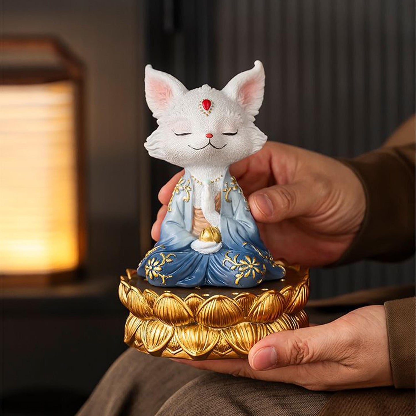 Zen Meditation Fox Statue on Golden Lotus Base, Chinese-Style Spiritual Decor, Resin Figurine for Mindfulness   Eastern Aesthetics Gift