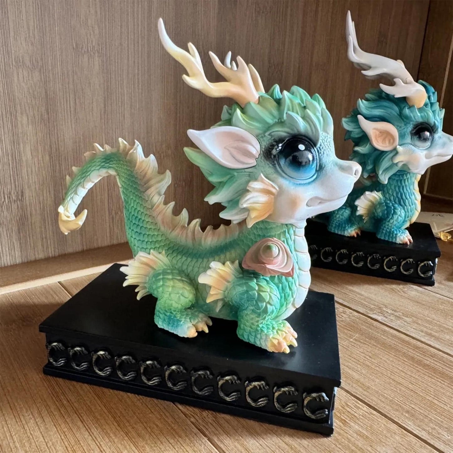 Adorable Chibi Chinese Dragon Figurine - Pastel Turquoise/Green Mythical Creature Statue | Exquisite Detailed  Decor & Fantasy Collectible