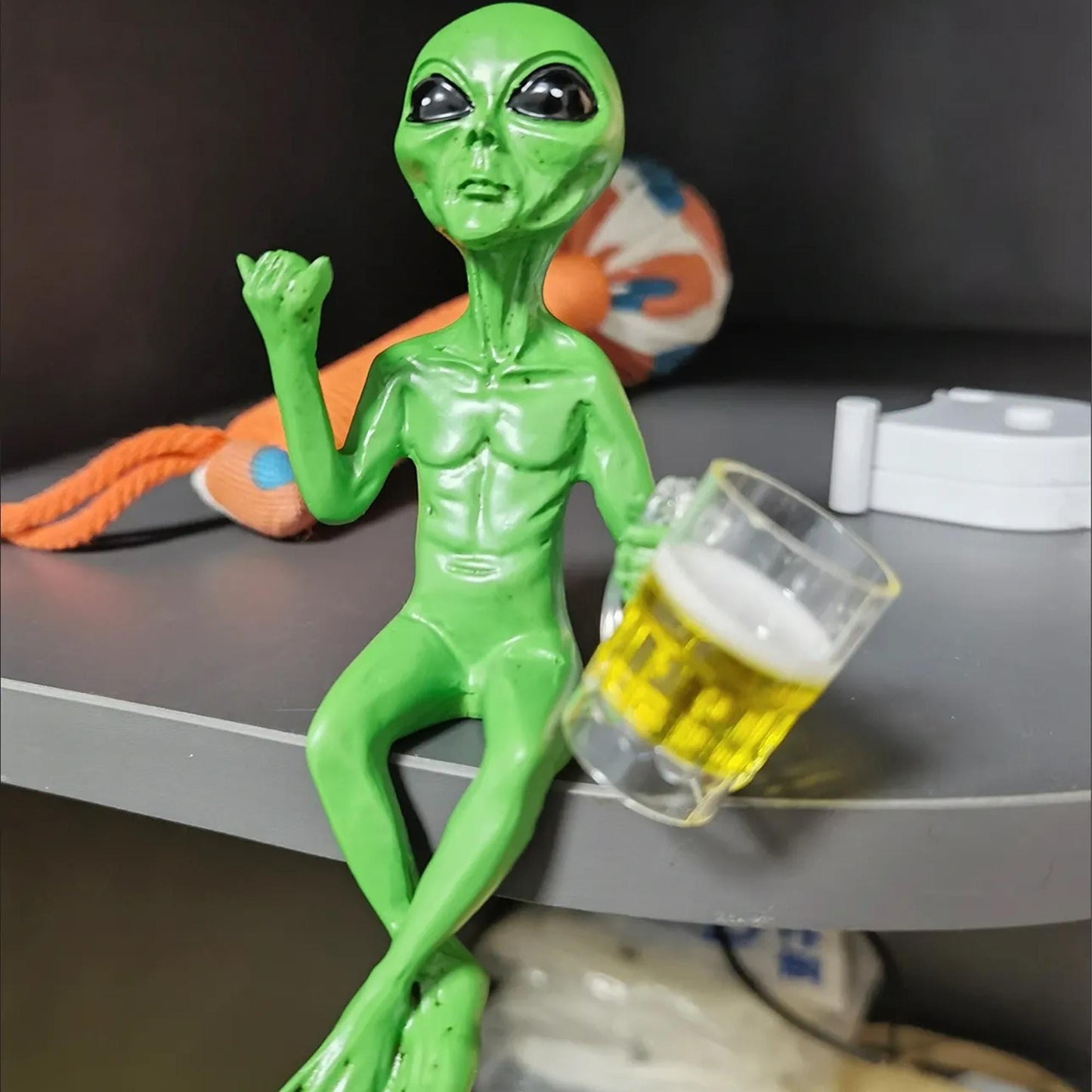 Funny Green Alien Figurine Holding Beer Mug - Quirky Decor