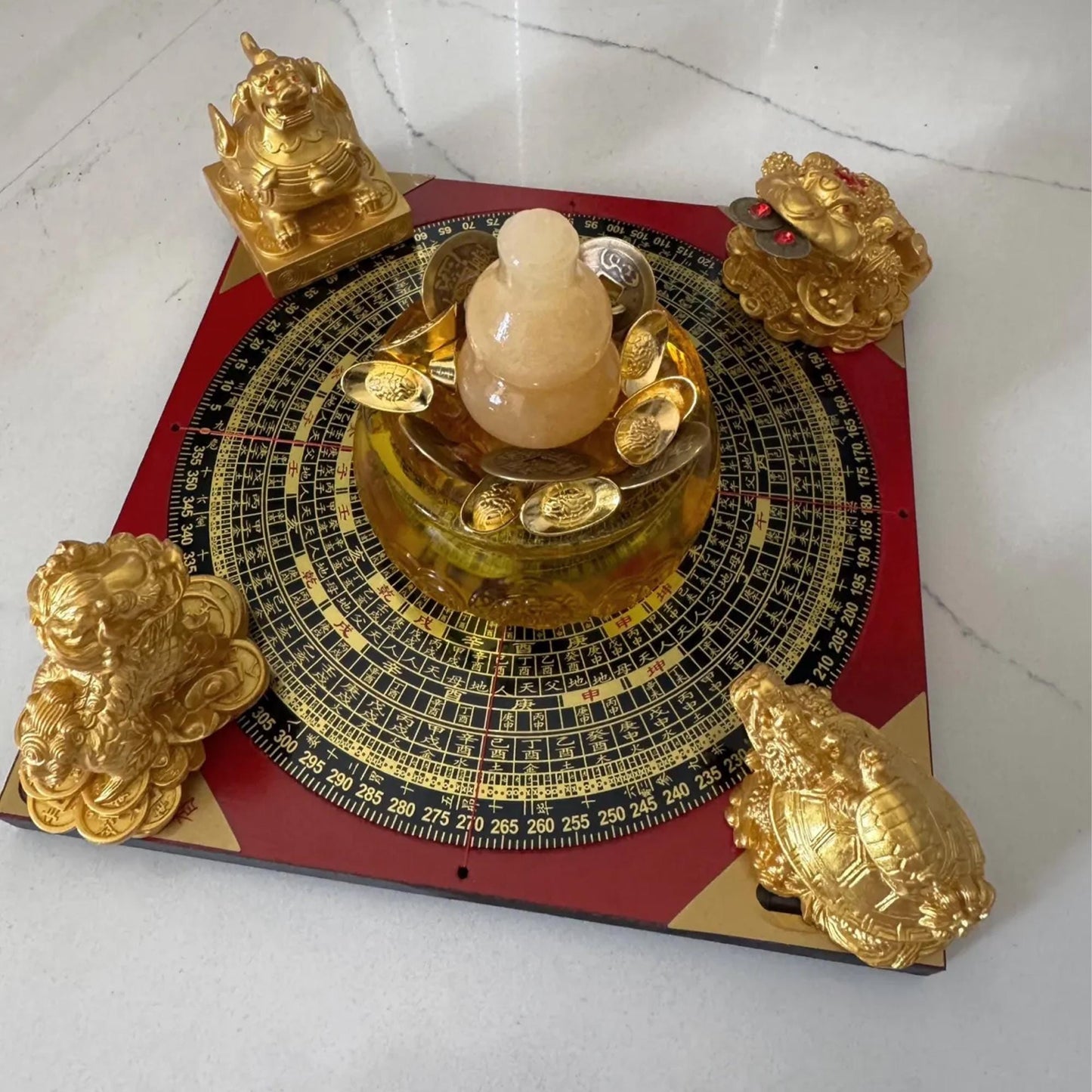 Traditional Chinese Feng Shui Wealth Luck Figurine Set  on Compass Base | Home Protection & Good Fortune Decor for Office/Living Room