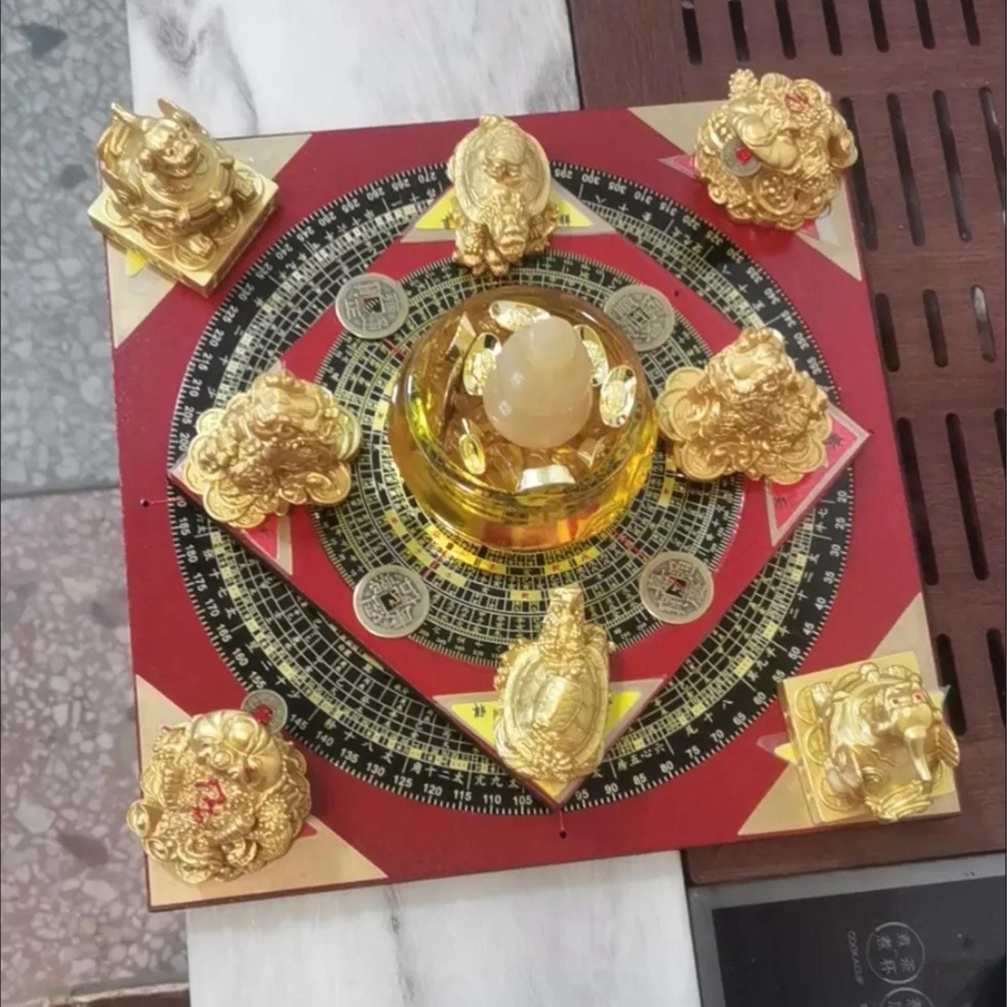 Traditional Chinese Feng Shui Wealth Luck Figurine Set  on Compass Base | Home Protection & Good Fortune Decor for Office/Living Room