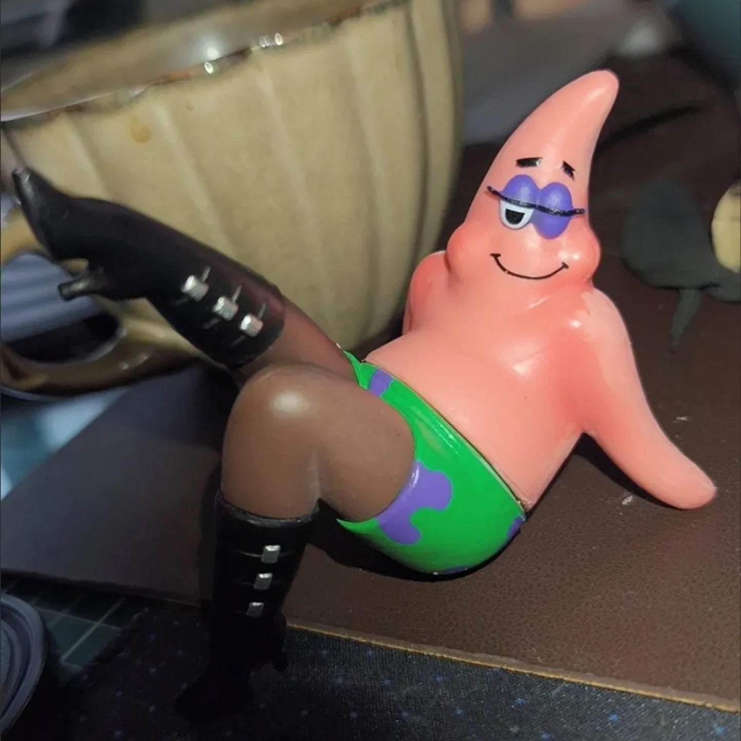 Quirky Patrick Star Figurine  Sassy SpongeBob Character Decoration with Edgy Boots, Unique Gift for Fans, Funny Desk & Car Ornament