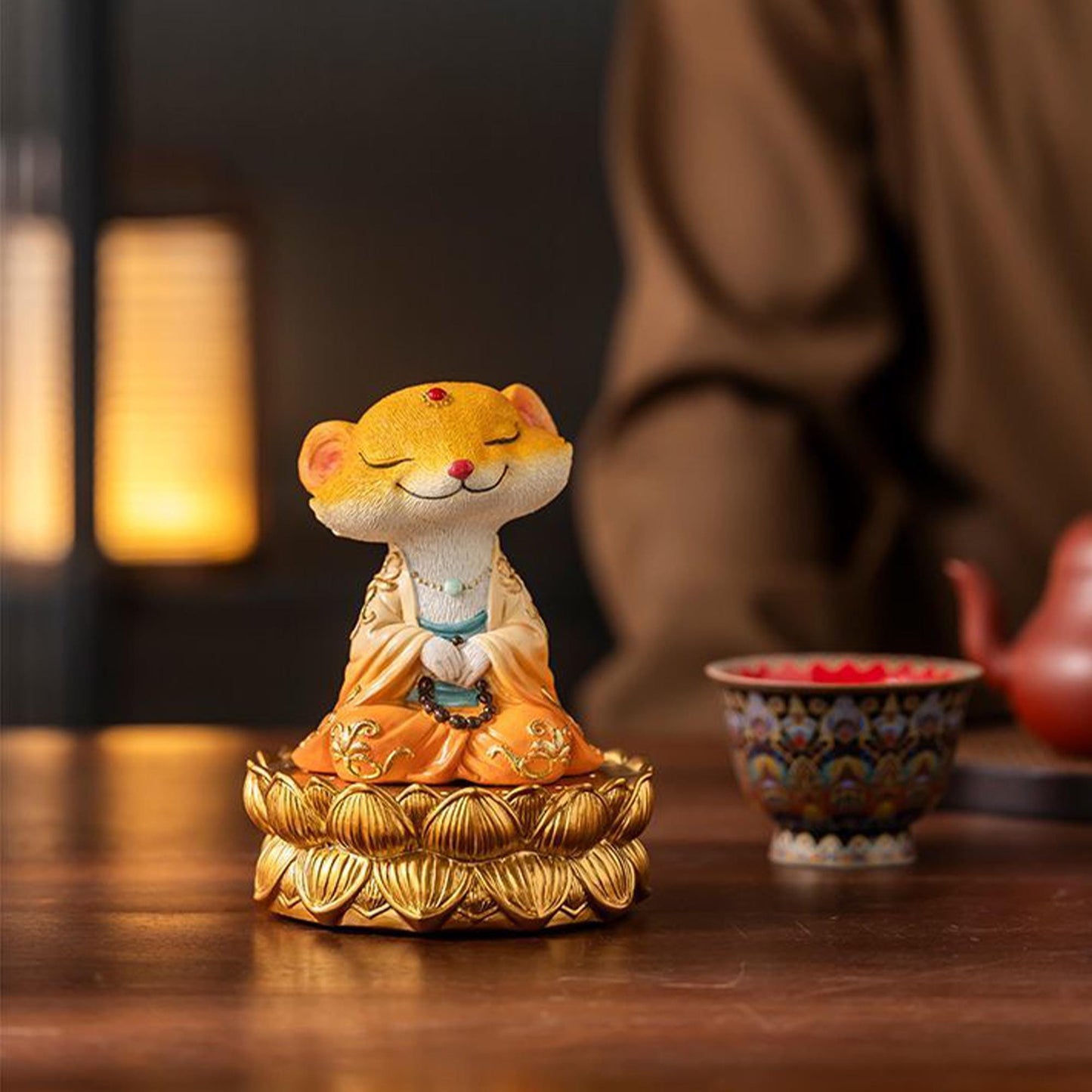 Zen Mouse Buddha Figurine on Golden Lotus  Spiritual Meditation Decor, China Style  Statue for Home & Altar, Unique Gift for Buddhist Lovers