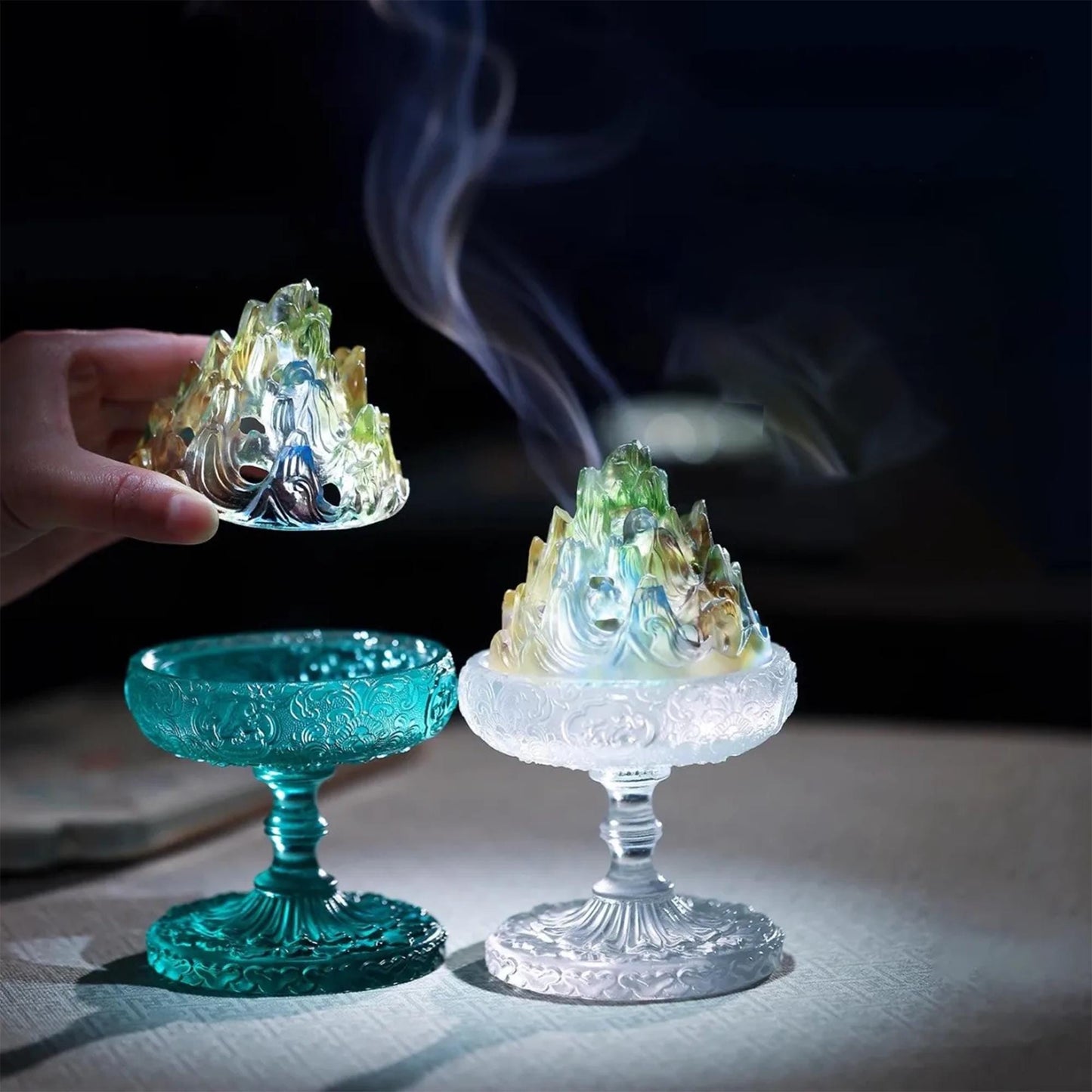 Chinese Colored Glaze Mountain Incense Burner with LED Light