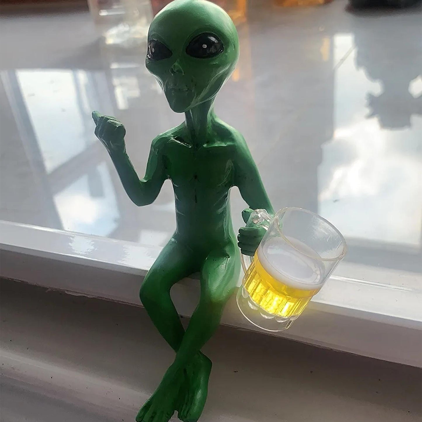 Funny Green Alien Figurine Holding Beer Mug - Quirky Decor