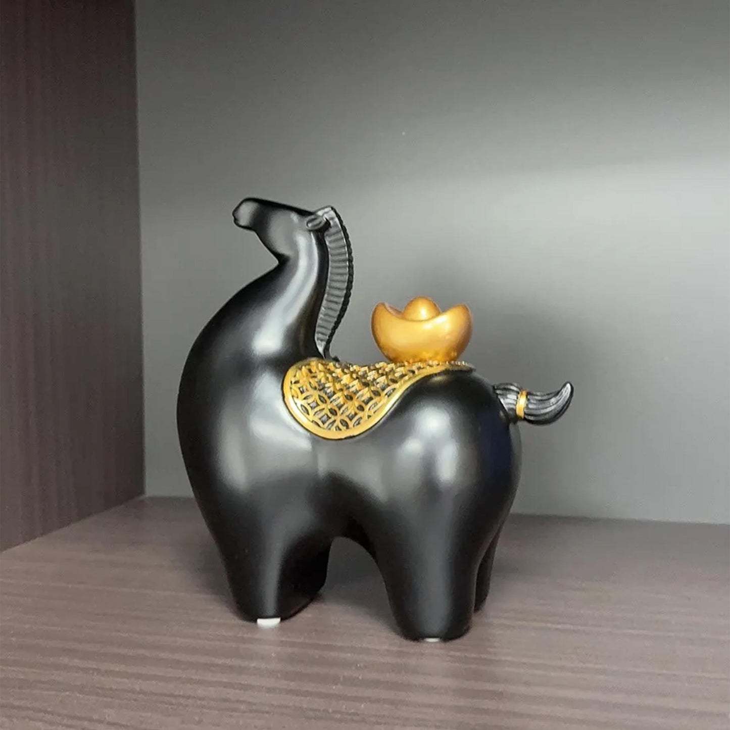 Unique Modern Horse Figurine with Gold Ingot Accent  Minimalist Home Decor Sculpture |Prosperity & Good Luck Decor