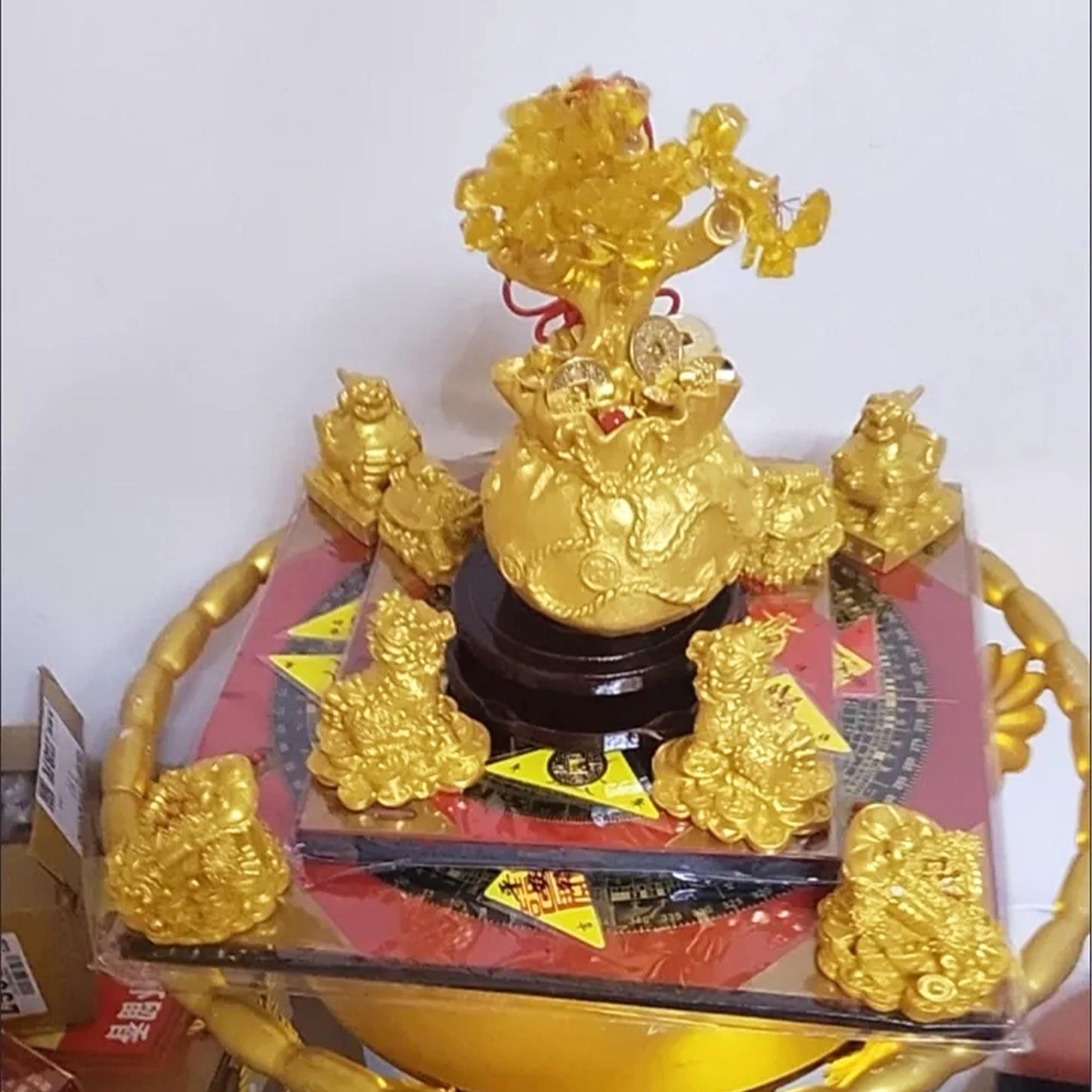 Traditional Chinese Feng Shui Wealth Luck Figurine Set  on Compass Base | Home Protection & Good Fortune Decor for Office/Living Room