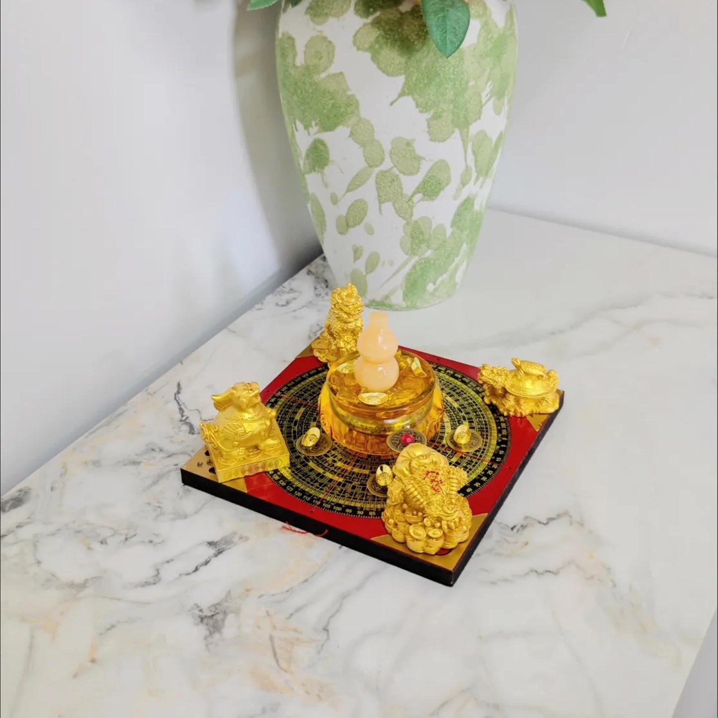 Traditional Chinese Feng Shui Wealth Luck Figurine Set  on Compass Base | Home Protection & Good Fortune Decor for Office/Living Room