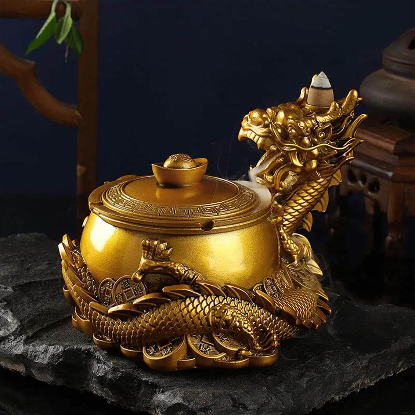 Chinese Dragon Ashtray & Incense Burner Decor Statue with Ingot Design  Artisan Home Office Decor Ornament for Good Fortune