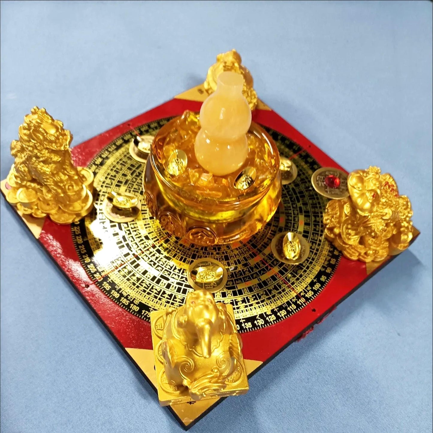 Traditional Chinese Feng Shui Wealth Luck Figurine Set  on Compass Base | Home Protection & Good Fortune Decor for Office/Living Room