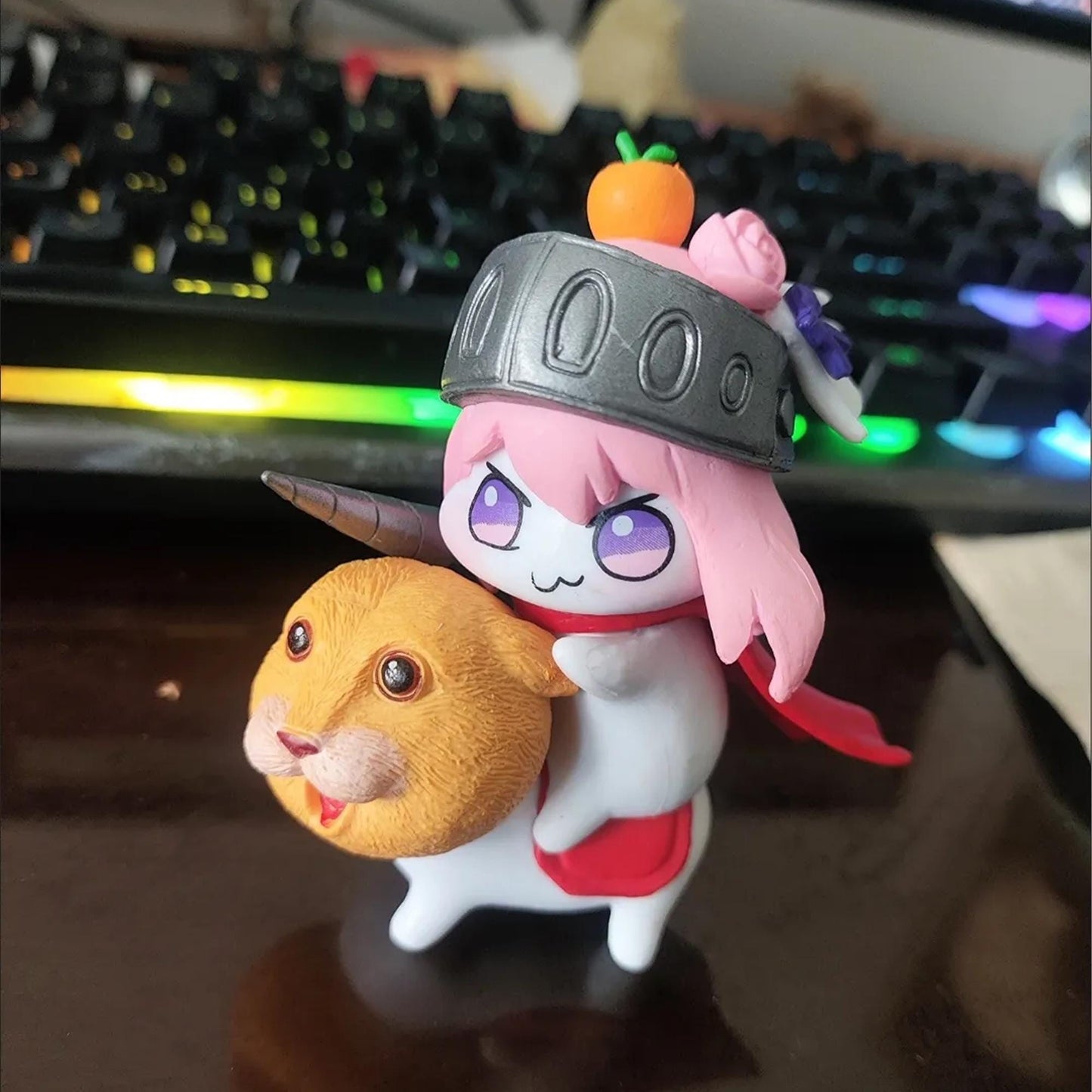 Unique Handmade Soft Clay Chibi Figurine - Cute Unicorn-Horned Character with Lion Pal & Fruit Accent | Mini Desk/Car Decorative Sculpture