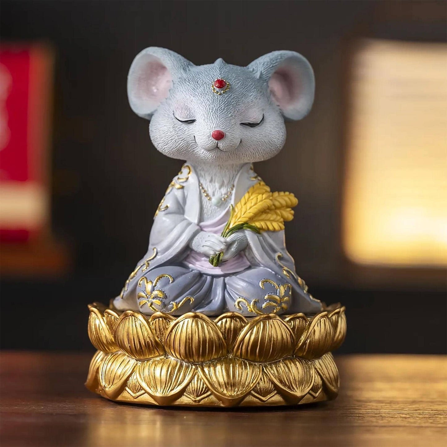 Zen Rat Statue on Golden Lotus | Spiritual Animal Figurine, Oriental Meditation Decor, Unique Year of the Rat Gift for Boho & Zen Lovers