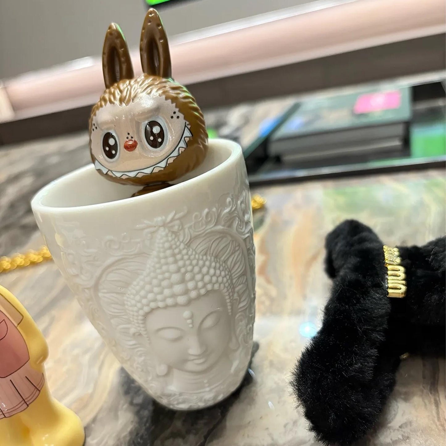 Elegant White Ceramic Buddha Relief Mug