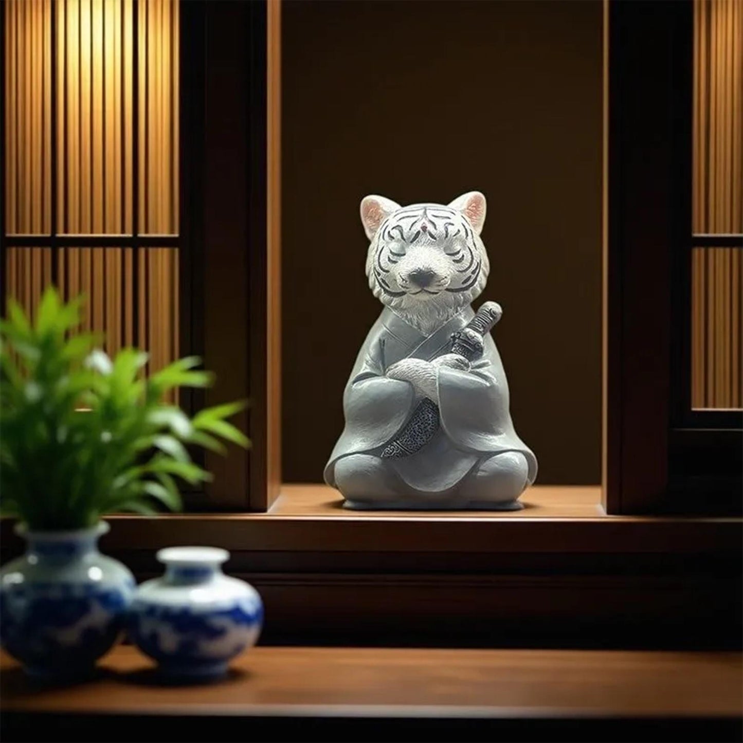 Zen Tiger Samurai Statue  Japanese Style Warrior Tiger Figurine for Home Decor, Meditation Space Accent, Unique Animal Sculpture Gift