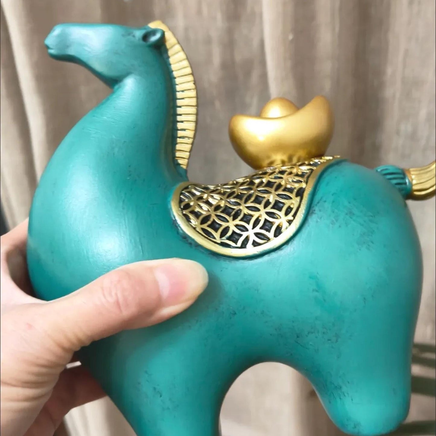 Unique Modern Horse Figurine with Gold Ingot Accent  Minimalist Home Decor Sculpture |Prosperity & Good Luck Decor