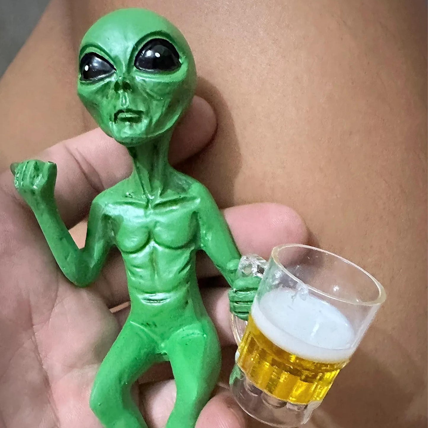Funny Green Alien Figurine Holding Beer Mug - Quirky Decor