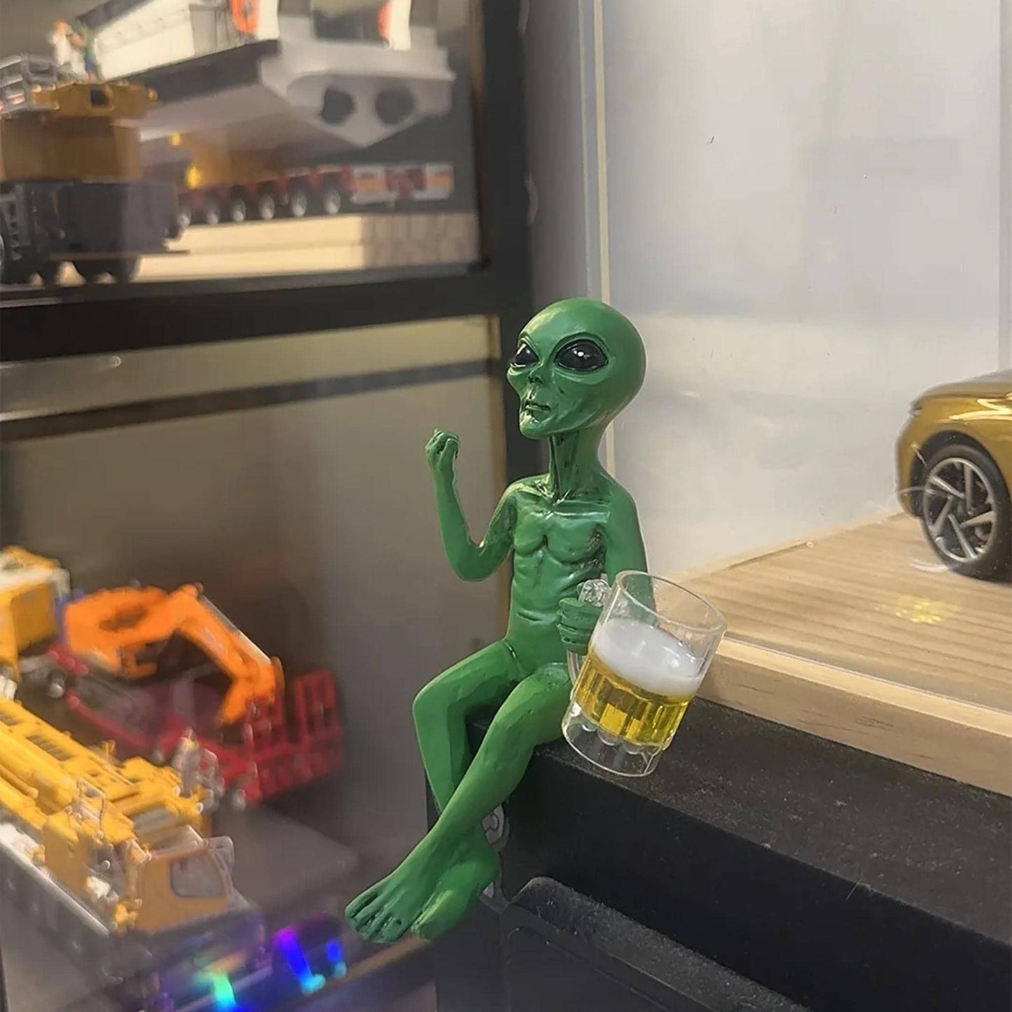 Funny Green Alien Figurine Holding Beer Mug - Quirky Decor