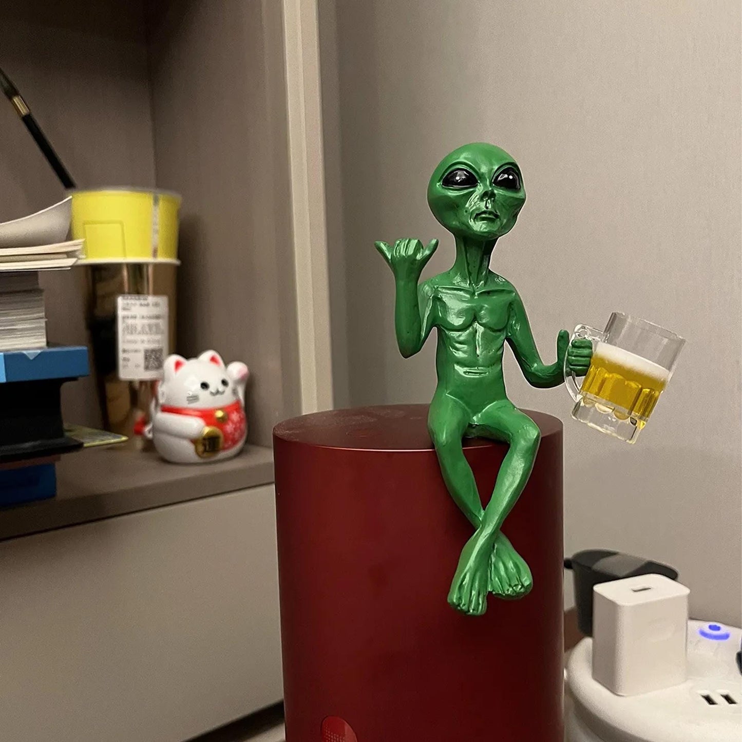 Funny Green Alien Figurine Holding Beer Mug - Quirky Decor